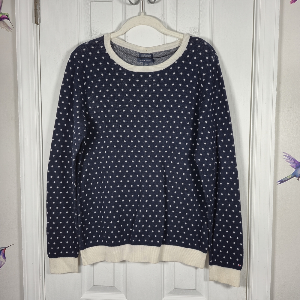 Tommy Hilfiger Pima Cotton Polka Dot Sweater Blue XL Back Button Deta